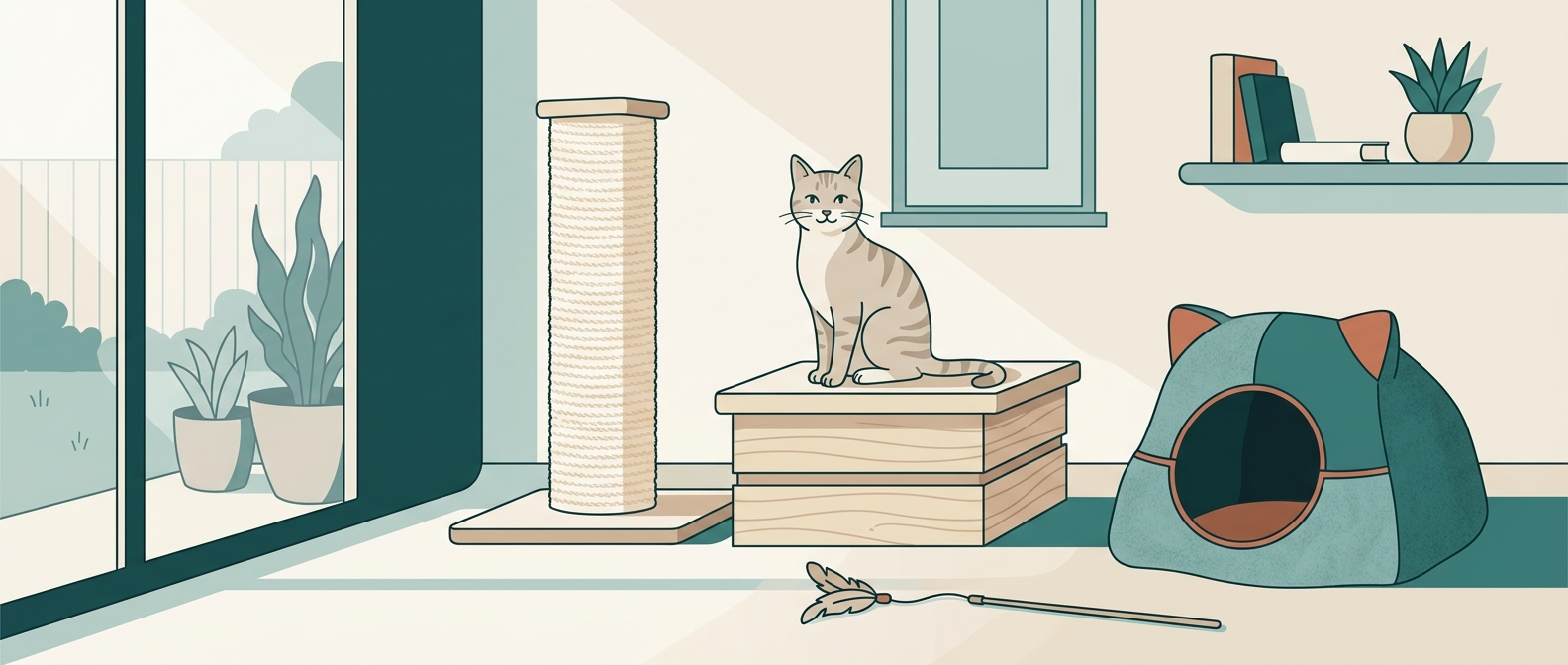 A cat choosing between a perch, scratcher, hiding nook, and gentle play in a calm room.