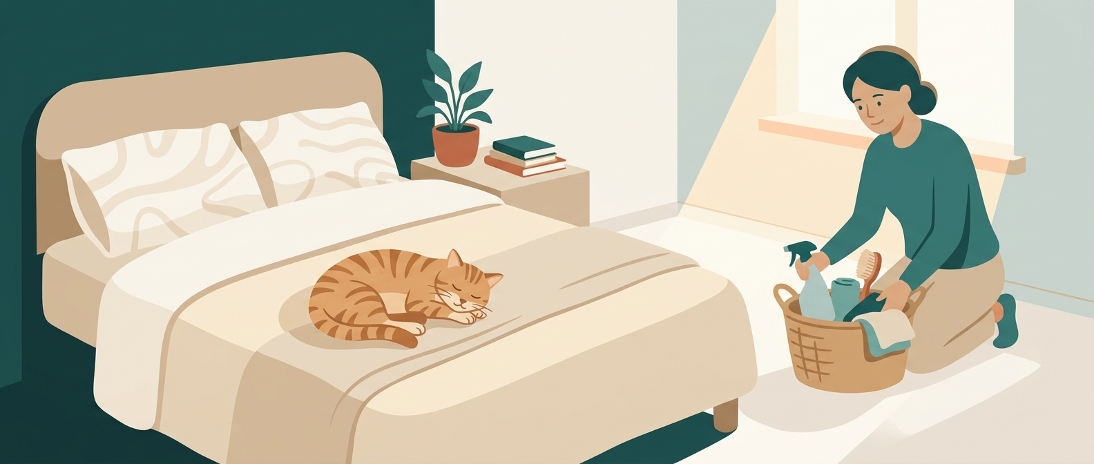 A cat resting on a neatly made bed while a caregiver prepares a calm home reset nearby.