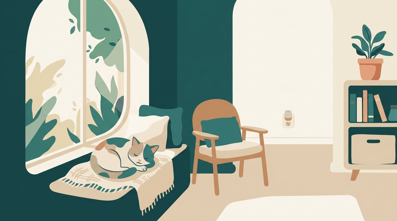 A cat resting comfortably in a softly lit room with a small wall diffuser nearby.