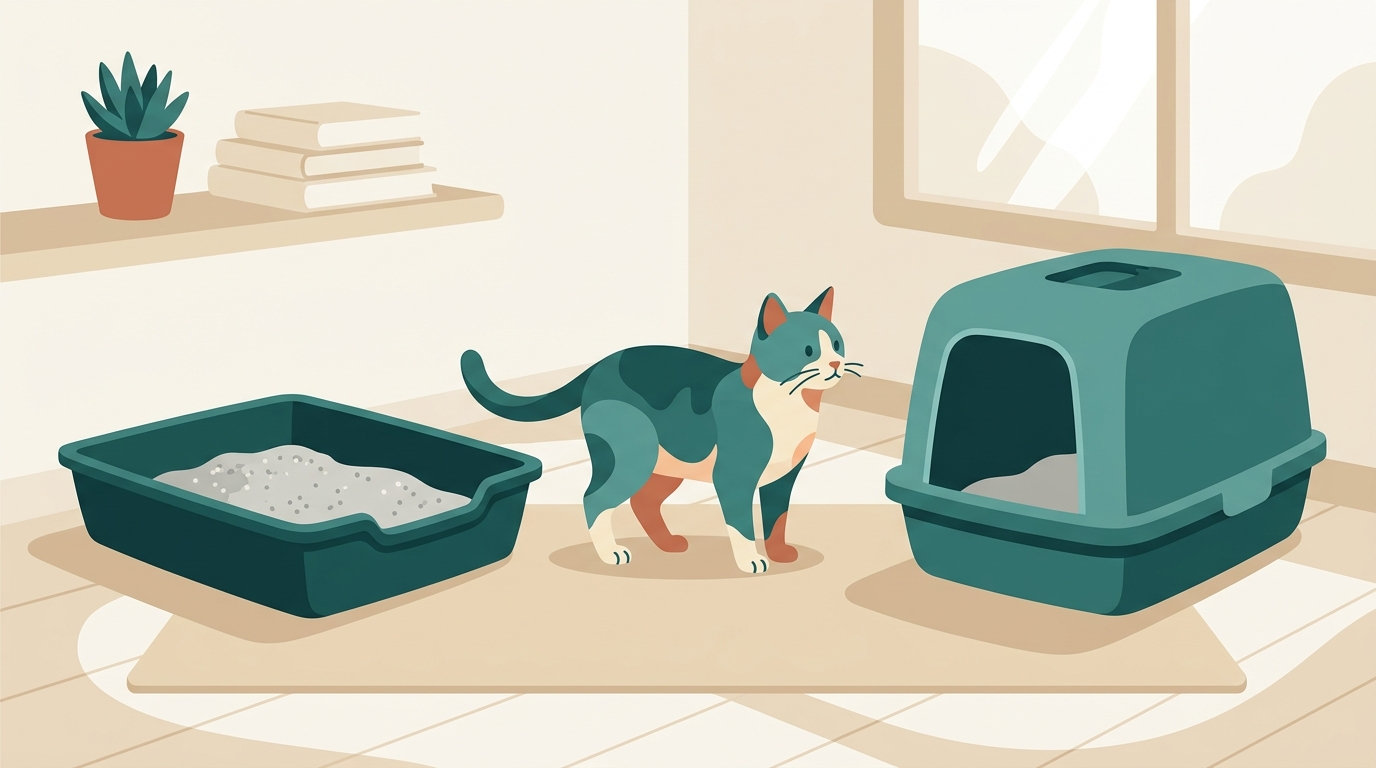 A cat considering two clean, separate litter-box options in a quiet room.