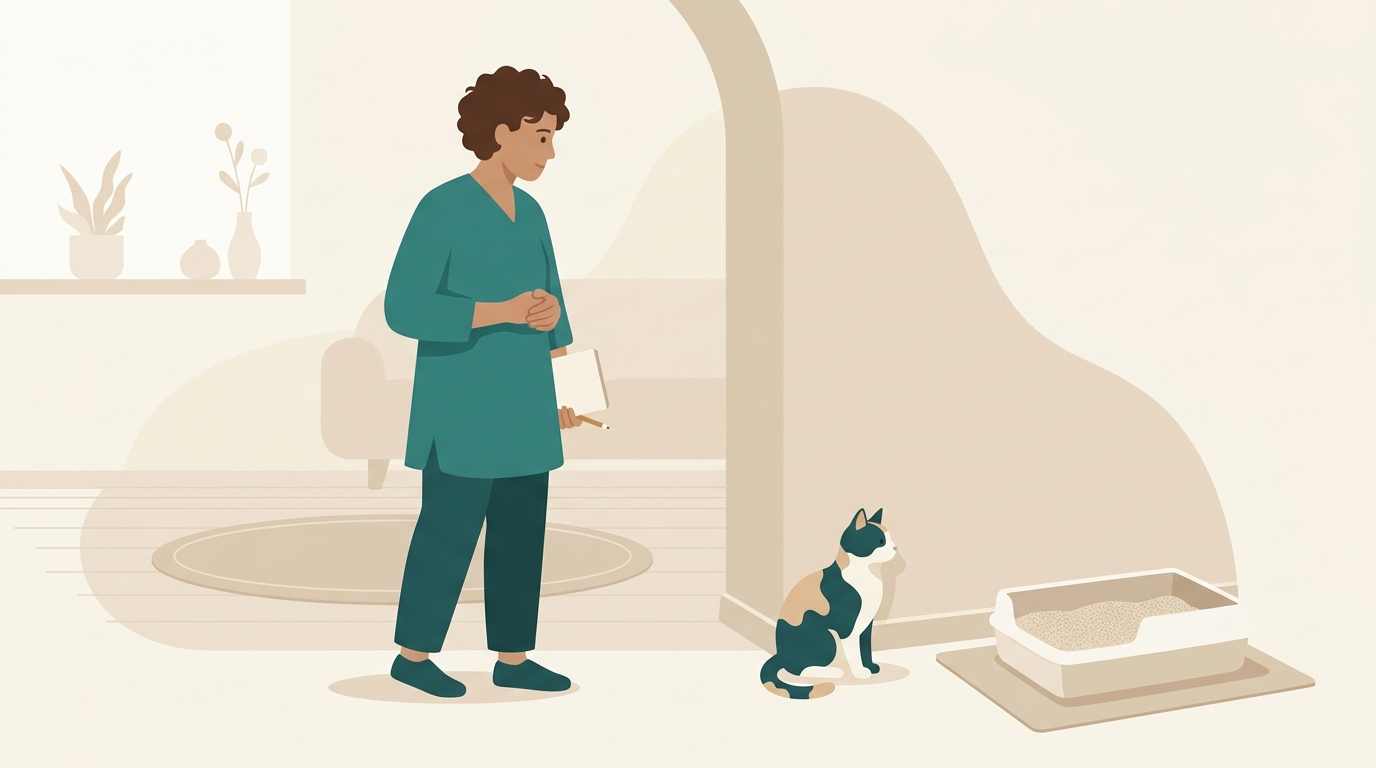 A caregiver making calm observations of a cat near a home wall and litter box.