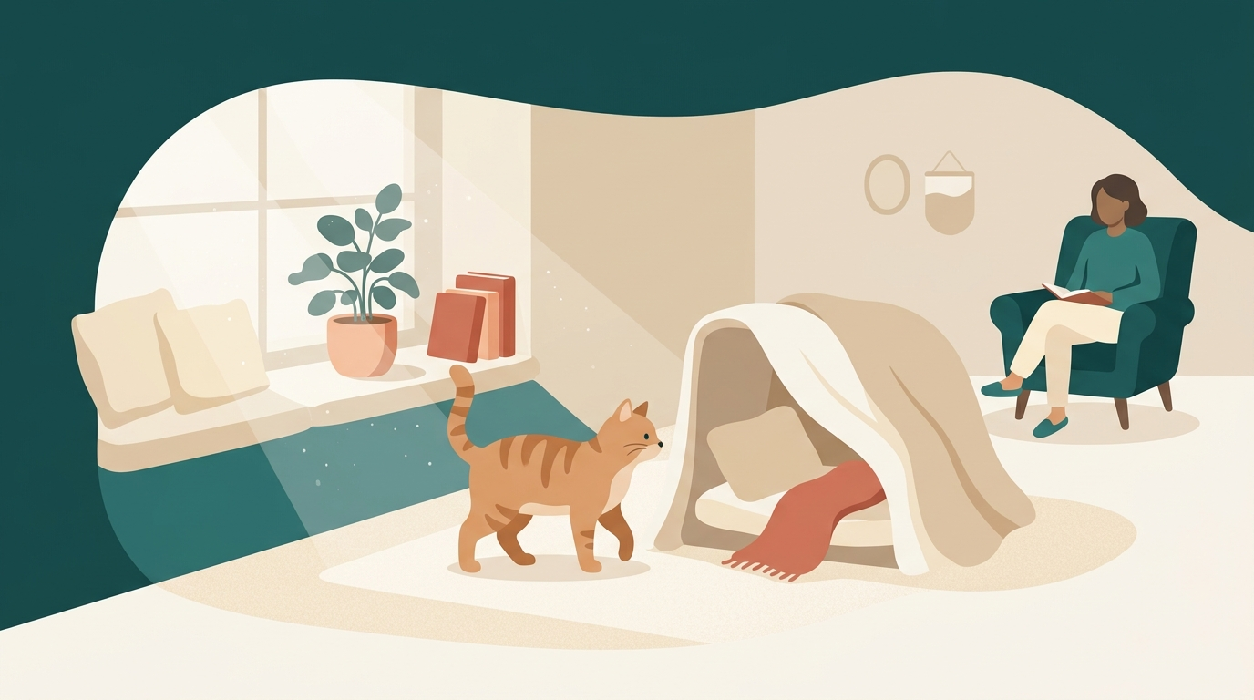 A cat choosing a quiet window perch and hiding nook in a calm home.