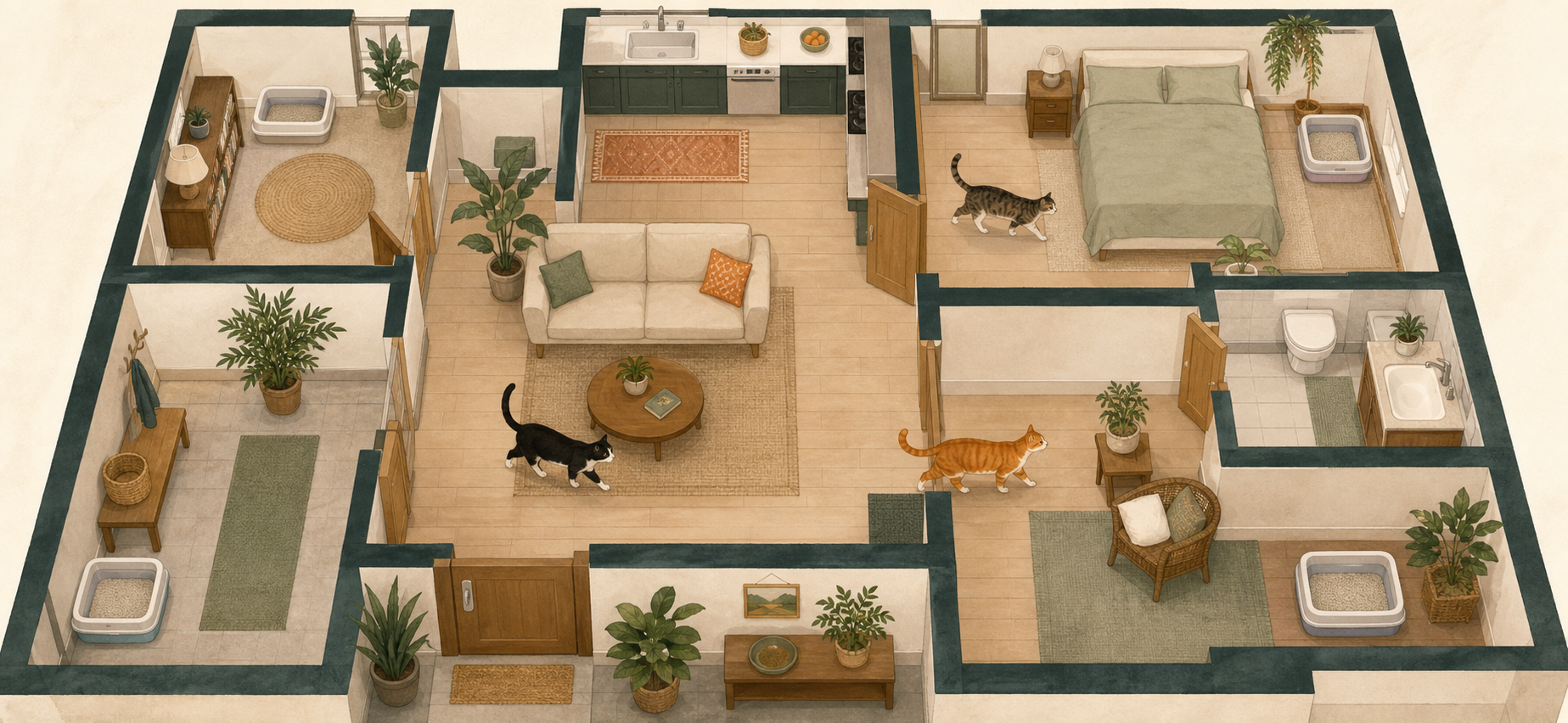 A simple home floor plan showing separated litter-box locations with open routes and more than one way out.
