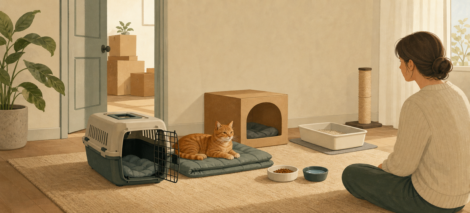 A cat resting in a quiet safe room with a familiar carrier, bed, food, water, and litter box before a move.