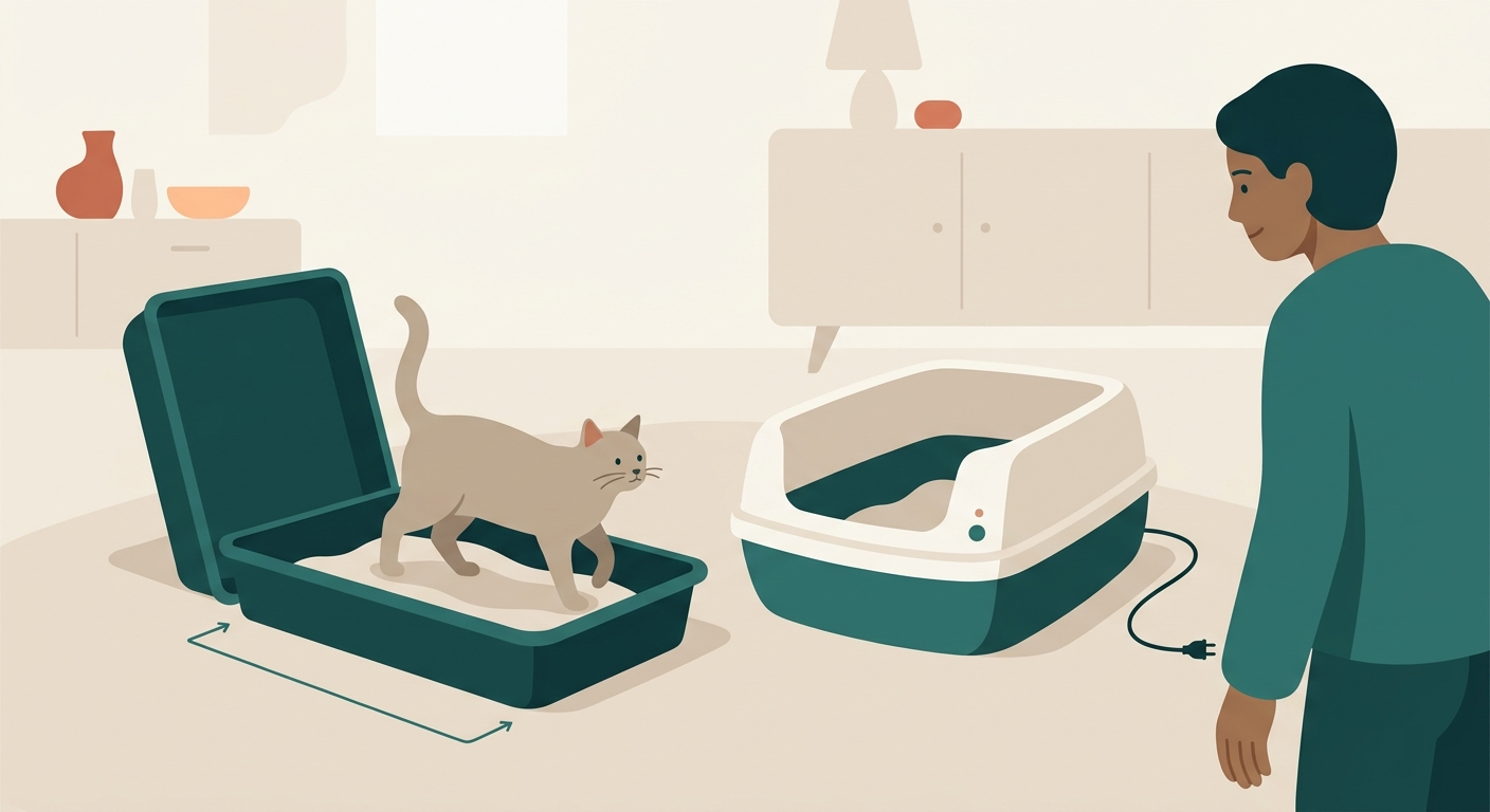 An open manual litter tray beside an automatic litter box, with a safety checklist and a cat choosing the quieter route.