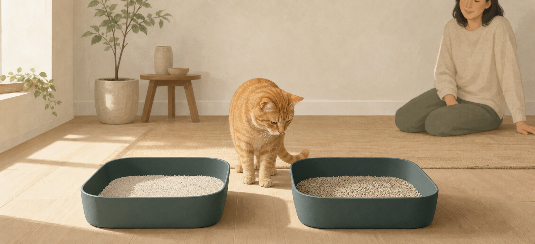 Two similar litter boxes with familiar and new litter offered separately while a cat observes from a calm distance.